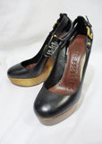 NEW NWT BURBERRY Leather PLATFORM WEDGE WOOD Shoe 36 6 BLACK