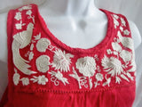 WOMENS LUCKY BRAND Bird Cotton Peasant Shirt Tank Top L RED Crewel Embroidered Hippie Festival