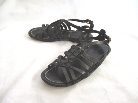 PRADA ITALY Strappy Leather Flat Shoe Sandal 36.5 BLACK
