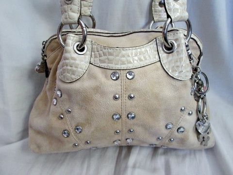 KATHY VAN ZEELAND vegan hobo shoulder bag satchel rhinestone BEIGE TAN faux suede stud