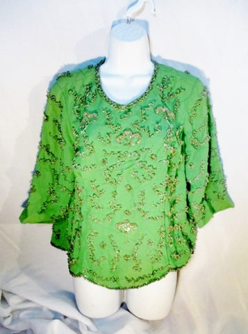 Vintage Handmade 1960s 70s Womens Beaded Top Shirt Back Zip M GREEN SILVER