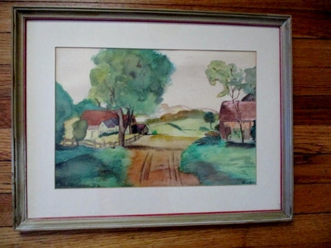 Original Signed Country House Road Watercolor Painting ART FRAME GREEN BROWN