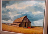 Vintage Antique SIGNED A. WATTS PAINTING FARM BARN SKY Cart ART Landscape Wood Frame
