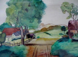 Original Signed Country House Road Watercolor Painting ART FRAME GREEN BROWN