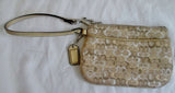 COACH Mini Jacquard Canvas Leather Wristlet Purse Wallet Clutch GOLD