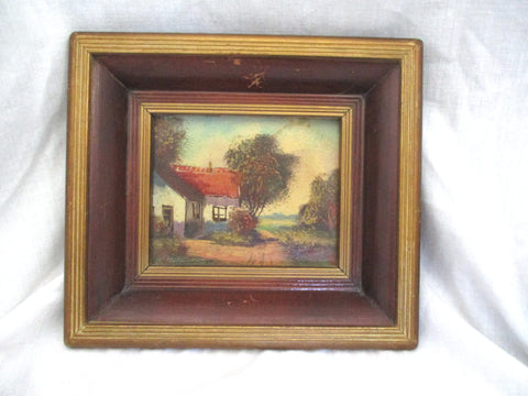 Vintage Antique SIGNED Original Oil Mini PAINTING Frame ART House Tree COA