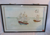 Vintage Chinese Mother of Pearl Abalone Shell Art NAUTICAL SHIP Shadow Box