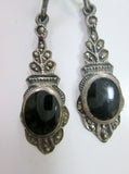 Vintage 925 STERLING SILVER MARCASITE ONYX Noveau Deco Jewelry Black Dangle EARRING Set