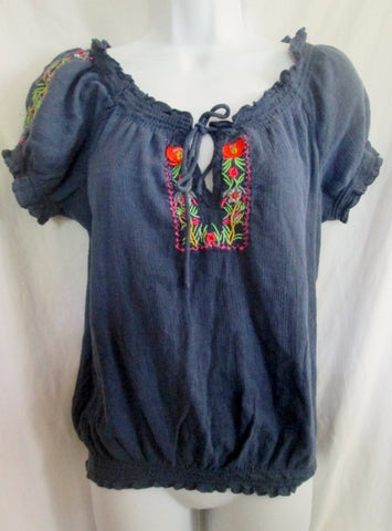 WOMENS RIVER ISLAND Peasant Shirt Top 14 M BLUE Embroidered Hippie