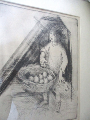 SIGNED ORIGINAL Young Girl Basket Fruit Lithograph Picture Print Wall ART Decor