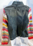 Womens Girls 1980s RUBBER DOLL Denim Jean Biker Jacket RAINBOW KNIT Sweater XL Boho