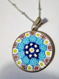 Sterling Silver Millefiori MURANO ITALY Venetian Glass Pendant NECKLACE FLOWER Knotted