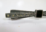Vintage SILVER TIE STICK BAR BROOCH PIN MARCASITE Noveau Deco Jewelry Black 1.75"