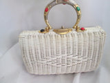Vintage Handmade Basket Satchel Evening Bag Clutch Purse WHITE JEWEL ENCRUSTED