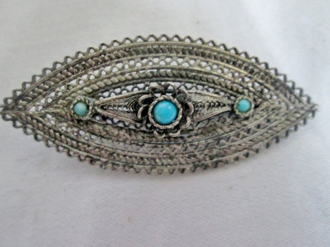 Vtg 1928 SILVER FILIGREE OVAL BROOCH PIN Southwestern Jewelry TURQUOISE
