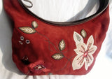 PRESTON & YORK Suede Leather Floral Patch Shoulder Bag Purse M RED WINE