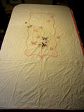 Vintage Embroidered TABLECLOTH Ruffle Bedspread Cover 92" BUTTERFLY WHITE PINK