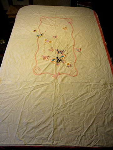 Vintage Embroidered TABLECLOTH Ruffle Bedspread Cover 92" BUTTERFLY WHITE PINK