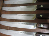Vintage Set 8 Flint Stainless Steel Steak Knife Vanadium USA Wood Holder