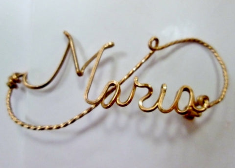Vintage Handmade Monogram MARIA Name WIRE PIN GOLD Cursive Statement Brooch