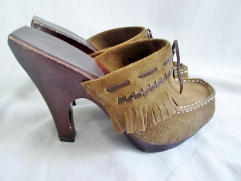 Womens FRYE 73800 LACEY Leather Clog High Heel Slip-On Mules Fringe 7 BROWN Shoe