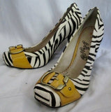 Womens NAUGHTY MONKEY High Heel Shoes PUMPS 9 ZEBRA FUR BLACK WHITE YELLOW Leather
