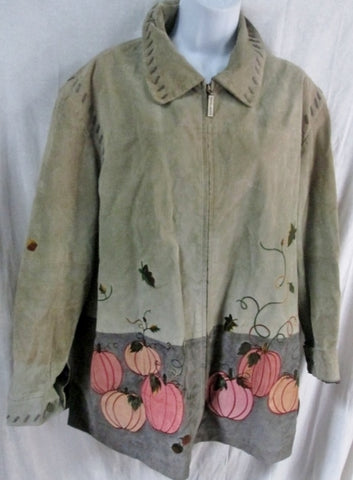 Womens QUACKER FACTORY Embroidered Suede Pumpkin JACKET COAT 1X GREEN FLORAL