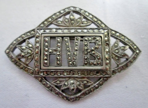 Vtg SILVER Monogram BROOCH PIN MARCASITE Noveau Deco Jewelry 13g