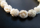 8" Hand Carved BONE ROSE Floral Flower Beaded Bracelet Bangle Arm Band WHITE