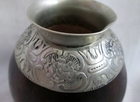 Handmade MATE CUP GOURD SILVER Rim Ethnic Latin Embossed Etched FOLK ART