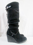 Womens LASSEN Suede Wedge Heel Boot Shoe Knee High Stitch BLACK 8