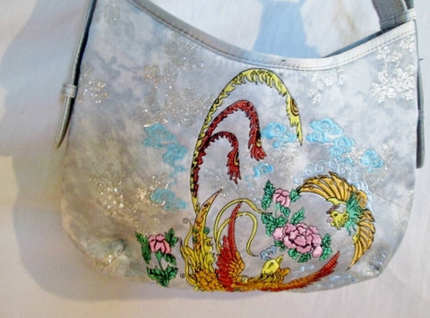 NEW NWT REX shoulder bag satchel hobo purse sling embroidered BIRD SILVER Glam