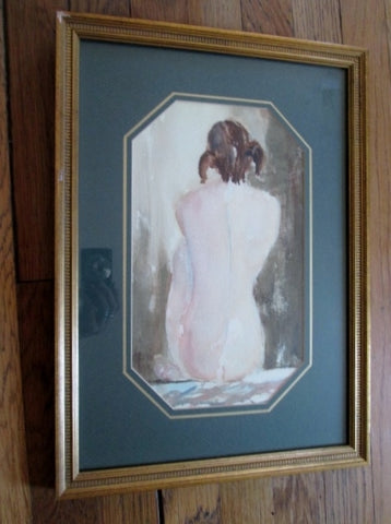 Signed ED LEVIN NUDE GIRL WOMAN Watercolor Painting ART FRAME GREEN GOLD