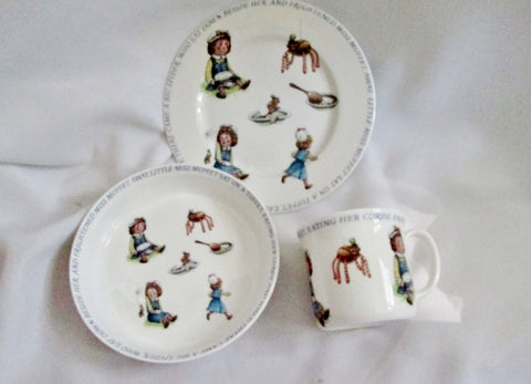 NEW QUEEN'S CHINA Nursery Rhyme Cup Bowl Plate Little Miss Muffet Set Collectible Display