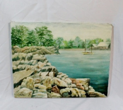 Signed Original Vintage PAINTING ART Lake Water Boat Rock Tree GREEN BLUE