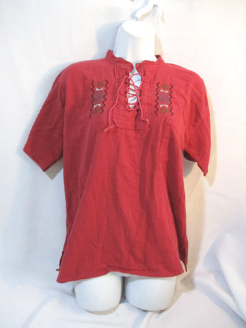 Vintage Embroidered Peasant Top Shirt Boho Hippy EAGLE Bird RED L