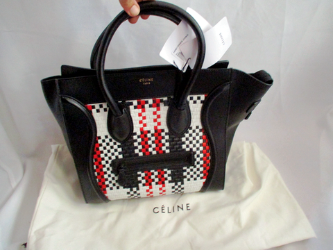 NEW CELINE PARIS MINI LUGGAGE BLACK WHITE RED Woven Leather Tote Bag N –  Psychotic Leopard