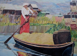 Vintage SIGNED 1960s C. HOYT PAINTING FOLK ART Woman Boat River Ethnic