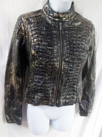 Womens BLANC NOIR faux vegan leather jacket hipster moto coat BLACK GOLD XS
