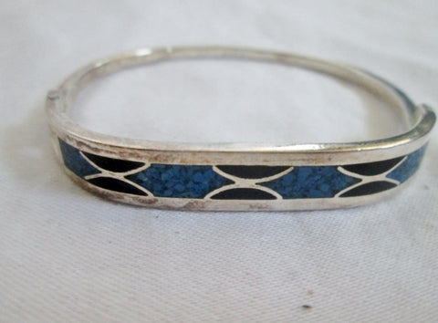 Signed 925 STERLING SILVER Bracelet Cuff Bangle MEXICO BLUE BLACK Jewelry 15g