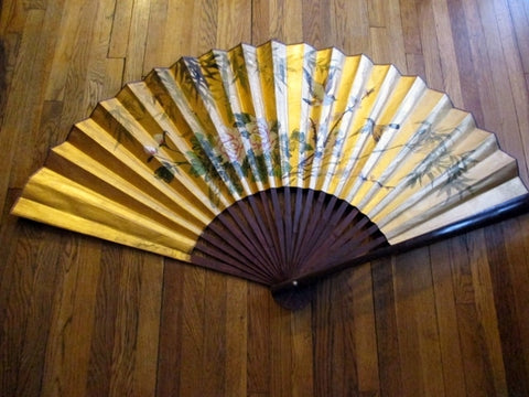 Vintage Large Hand Painted Fan 62x33” Hanging Wall Art Oversized GOLD Asia
