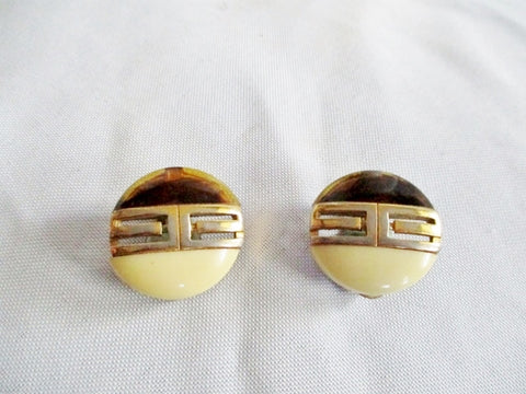 Vintage 1978 GIVENCHY PARIS NY Button EARRING Set Clip On GOLD CREME BROWN