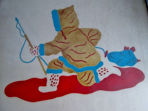 Vintage 1970s Signed PAEP ESKIMO Hunting Art Print SPEAR RED BLUE BROWN FRAMED