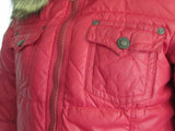 Womens TRUE RELIGION Puffer Jacket Coat Down Ski CHERRY RED XS Hood Faux Fur