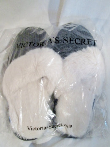 NEW NWT Womens VICTORIA'S SECRET FAUX FUR Slippers Shoe M 7-8 BLACK WHITE