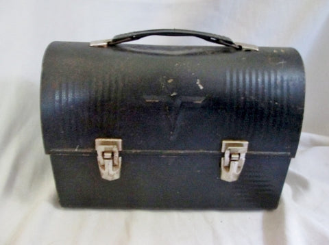 Vintage "V" THERMOS Tin Metal INDUSTRIAL LUNCHBOX Lunch Box BLACK Dome Retro