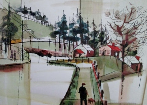 Signed Vintage Path Home House Trees Man Dog Watercolor Painting ART FRAME