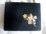 Vtg GOLD BIRD Mini Compact Evening Bag Accessory BLACK Cosmetics Organizer Case