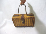 Vintage Wicker Basket Box Purse Satchel Bag Clutch Woven Leather