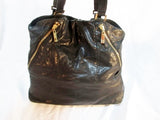 Authentic TORY BURCH CAVIAR leather hobo satchel bag tote purse BLACK Zip GOLD